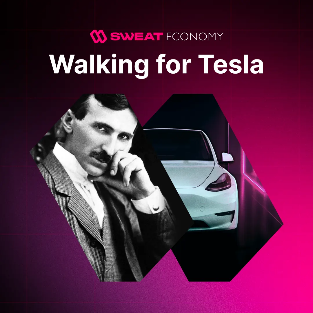 "Walking for Tesla" campaign art pairing Nikola Tesla with a Tesla car